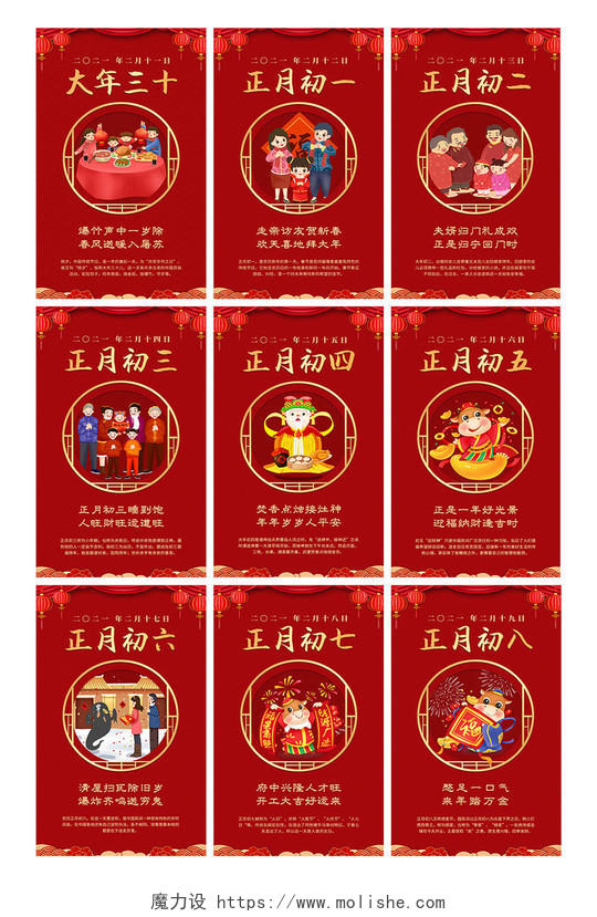 春节习俗系列图红色简约风过年春节习俗初一到初八新年春节系列图海报
